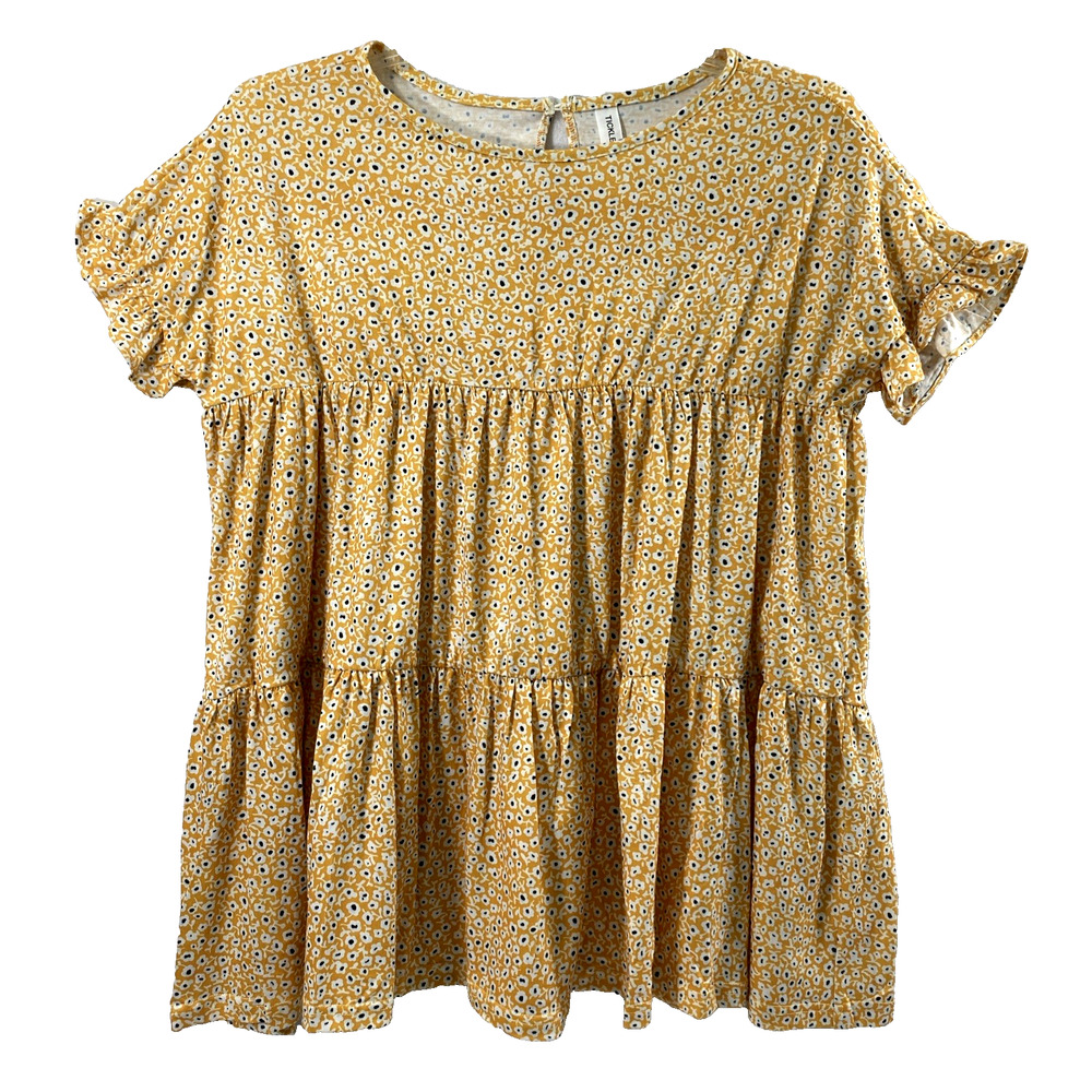 Tickled Teal Tiered Top Womens XL Yellow Creme Floral Cottagecore Boho Ruffles